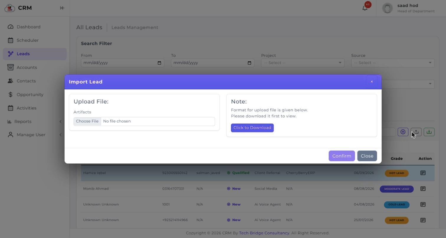 The CherryBerry CRM lead import dialogue with the template download and file upload