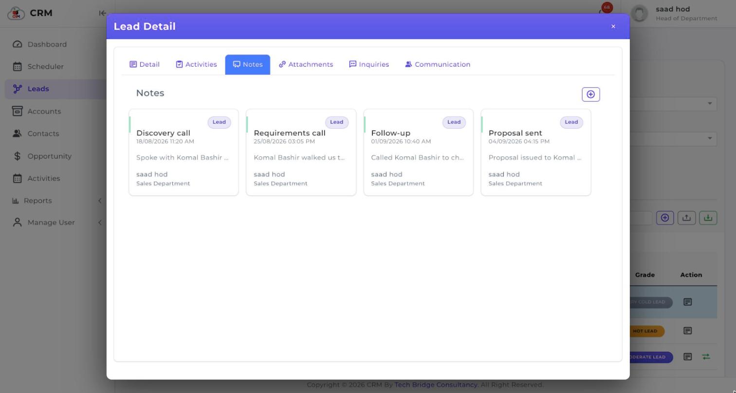 A CherryBerry CRM lead record showing notes with author, department and date
