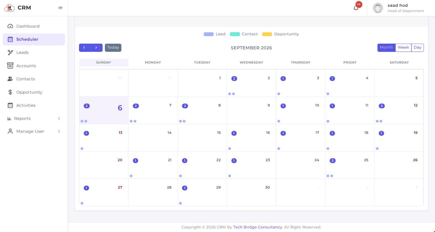 The CherryBerry CRM scheduler showing a month calendar with lead, contact and opportunity activity