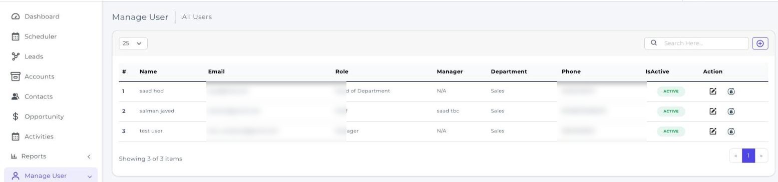 The CherryBerry CRM user management screen listing users with their role, manager and department