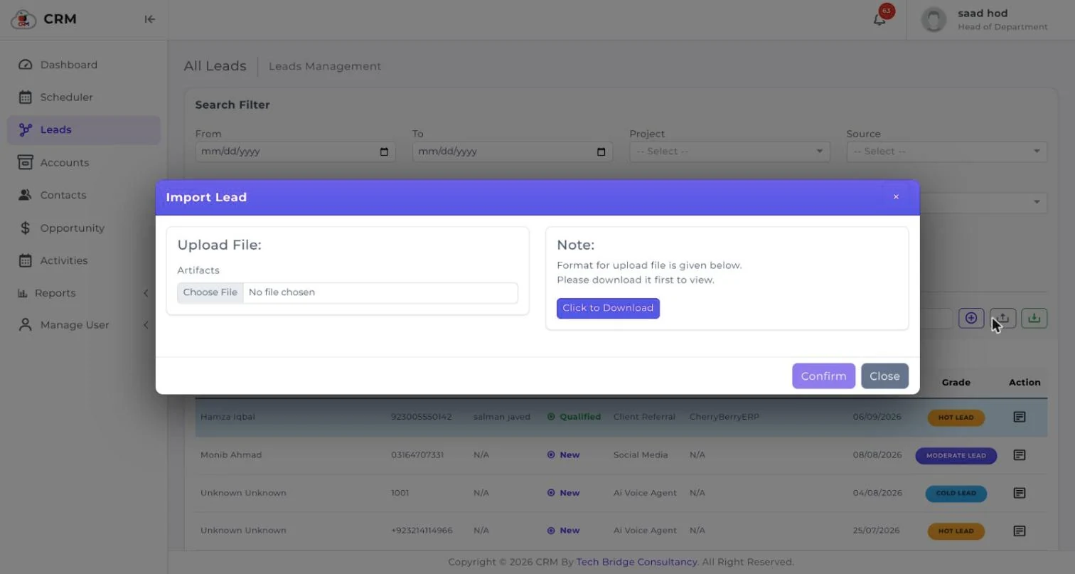 The CherryBerry CRM lead import dialogue with the template download and file upload
