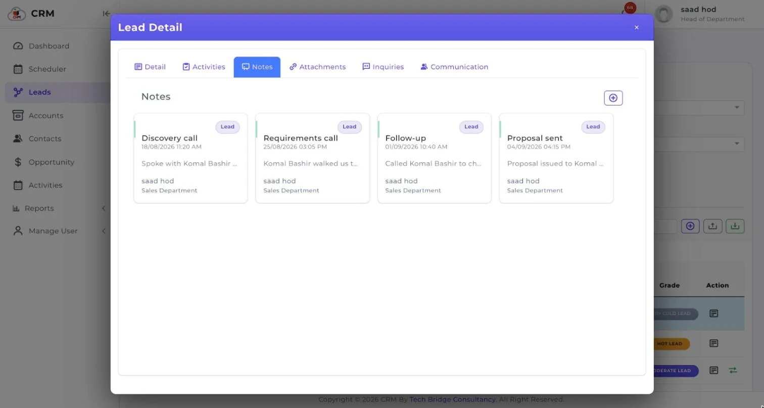 A CherryBerry CRM lead record showing notes with author, department and date