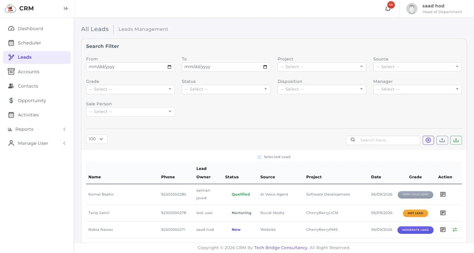 The CherryBerry CRM leads list with owner, source, project, date and lead grade for each row