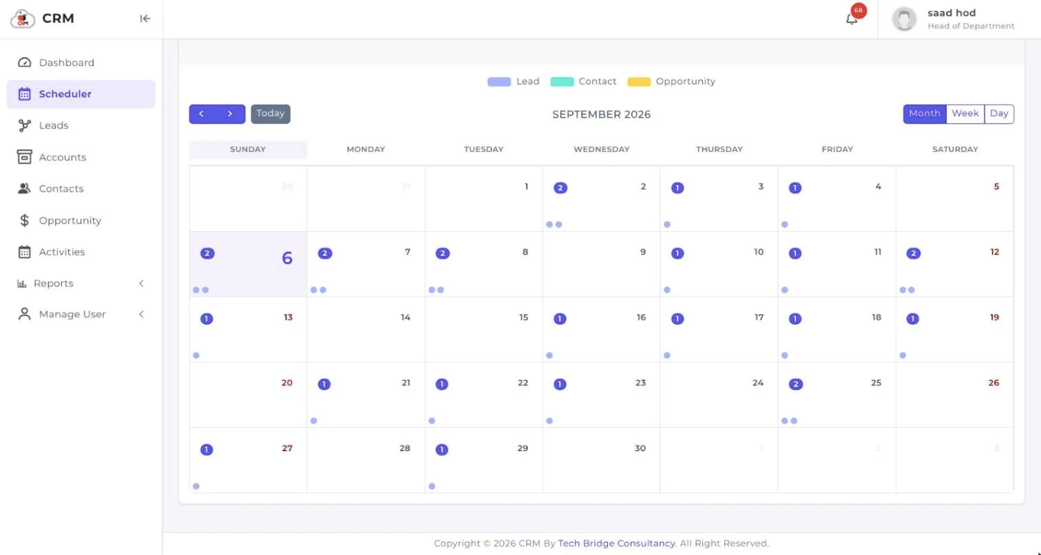 The CherryBerry CRM scheduler showing a month calendar with lead, contact and opportunity activity