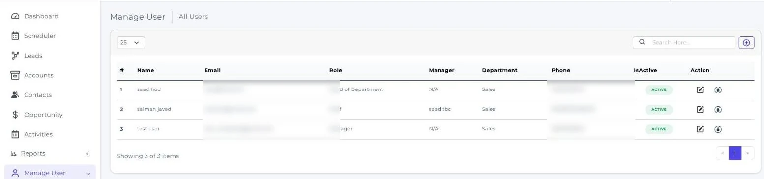 The CherryBerry CRM user management screen listing users with their role, manager and department