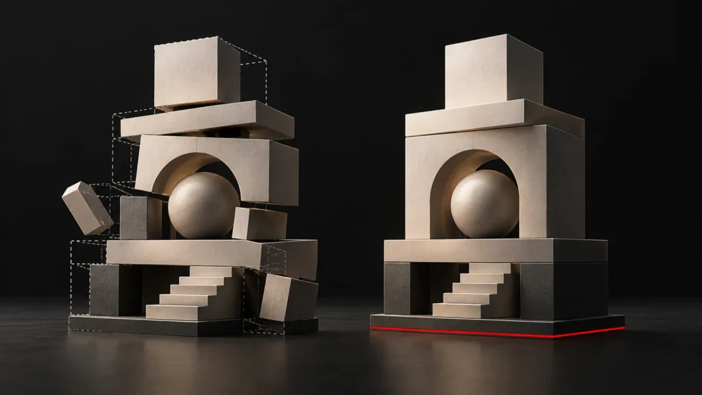 Two block structures side by side: a rough one with gaps and slipping blocks, and a finished solid one with a red line along its base