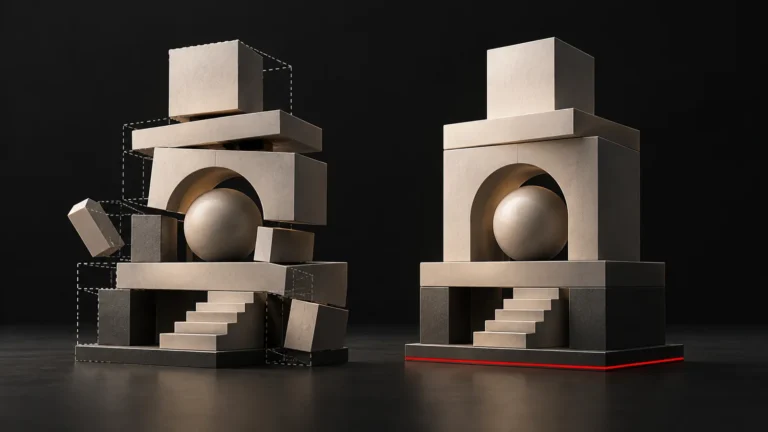 Two block structures side by side: a rough one with gaps and slipping blocks, and a finished solid one with a red line along its base