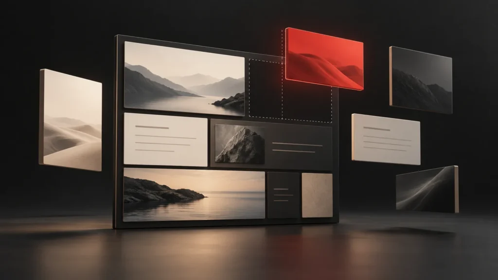 A website layout being assembled from floating panels, with one red panel being placed into the last gap