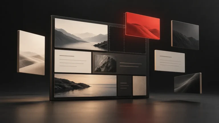 A website layout being assembled from floating panels, with one red panel being placed into the last gap