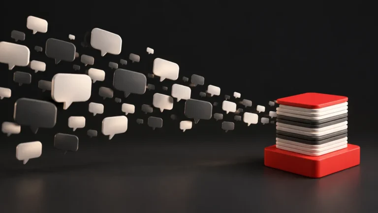 Scattered speech bubbles flowing into a single neat stack of cards on a red base